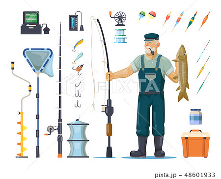Fisherman with fish near pole, rod, hook, tackle Fisherman with fish near pole, rod, hook, tackle 48601933