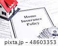 Close-up of a House Model with Home Insurance Policy on Dollar Notes 48603353