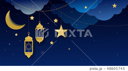 Ramadan kareem greeting card and banner. Islamic lantern on moon abd stars background. Vector Ramadan kareem greeting card and banner. Islamic lantern on moon abd stars background. Vector 48605743
