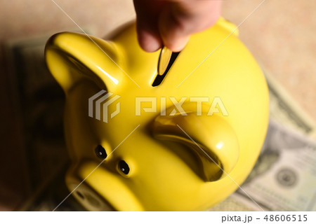 A hand is throwing a coin into a yellow piggy bank 48606515