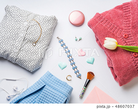 Spring woman clothes flat lay. Flower, hearts Spring woman clothes flat lay. Flower, hearts 48607037