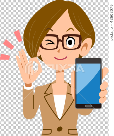 Business woman holding a smartphone and issuing an OK sign Business woman holding a smartphone and issuing an OK sign 48608079