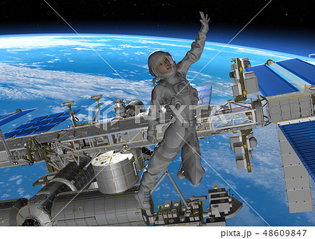 Iss国際宇宙ステーションと女性飛行士 Perming3dcgイラスト素材のイラスト素材