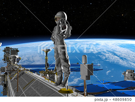 Iss国際宇宙ステーションと女性飛行士 Perming3dcgイラスト素材のイラスト素材