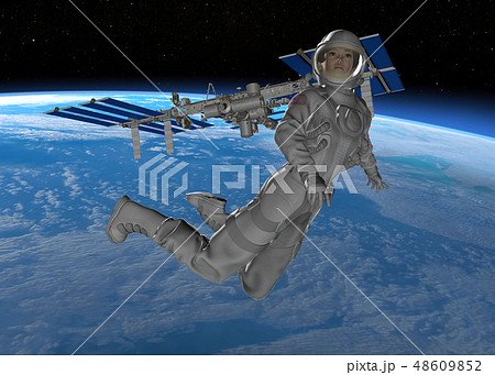 Iss国際宇宙ステーションと女性飛行士 Perming3dcgイラスト素材のイラスト素材