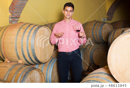Man posing in winery cellar Man posing in winery cellar 48613845