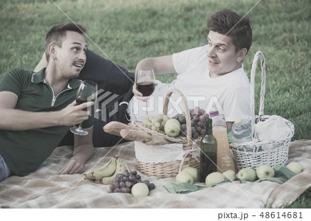 Two males friends gaily spending time together on picnic drinking wine 48614681
