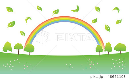 若葉の舞う春の野原 葉 葉っぱ 木 木々 緑 グリーン 芝生 空 虹のイラスト素材