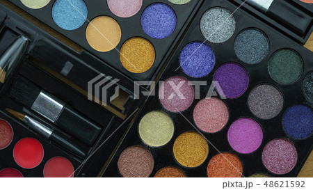 Flat lay photo of various makeup brush, eyeshadow 48621592