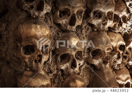 Skull and human bones. Cemetery ancient wall pattern. Horror dark chapel. Death pattern concept Skull and human bones. Cemetery ancient wall pattern. Horror dark chapel. Death pattern concept 48623952