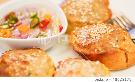 Toasted Baguette with minced pork spread dip sauce 48625170