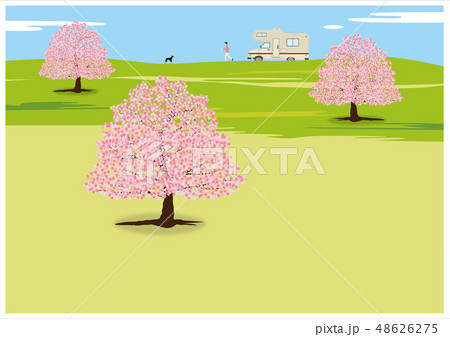 桜 キャンピングカー 犬 高原 おしゃれ 春のイラスト素材