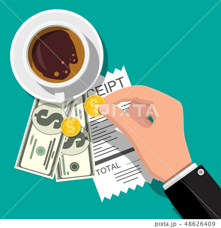 Cup with coffee, cash and coins, cashier check. Cup with coffee, cash and coins, cashier check. 48626409