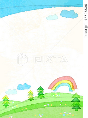 水彩風の野原と虹と青空と雲のフレーム 縦位置のイラスト素材 4866