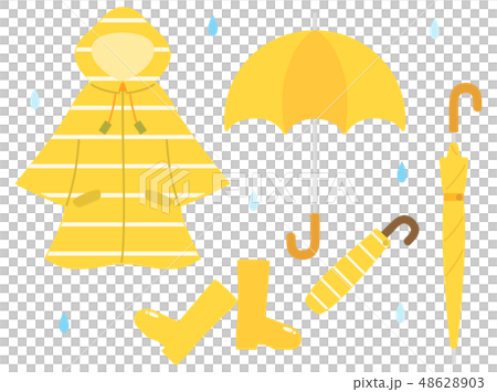 A set of illustrations of rain goods such as yellow umbrellas, raincoats and boots 48628903