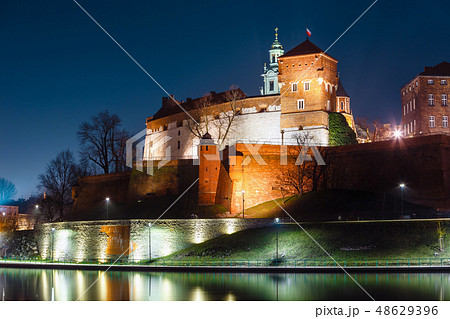 Wawel hill with royal castle at night. Krakow Wawel hill with royal castle at night. Krakow 48629396