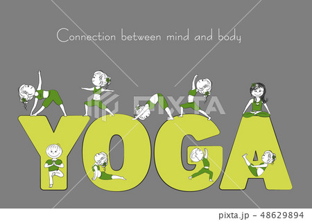 Yoga word and smile people in various yoga poses 48629894