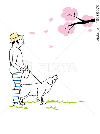 犬と桜をみる男性のイラスト素材