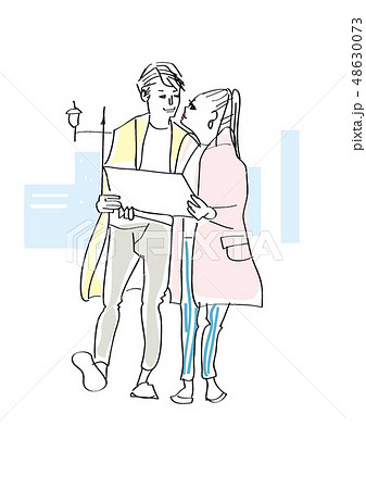 地図を観ながらを歩くカップルのイラスト素材