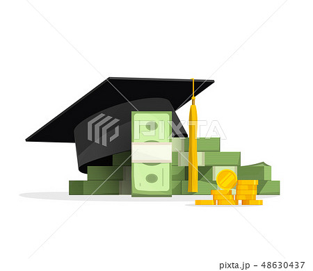 Graduation cap on pile of money, education costs concept Graduation cap on pile of money, education costs concept 48630437