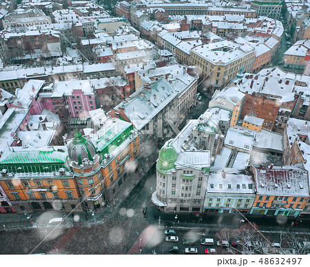 Aerial view of historical center of Lviv in winter Aerial view of historical center of Lviv in winter 48632497