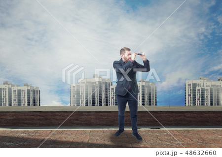 A businessman looking with spyglass for best deal. 3d render elements in collage 48632660