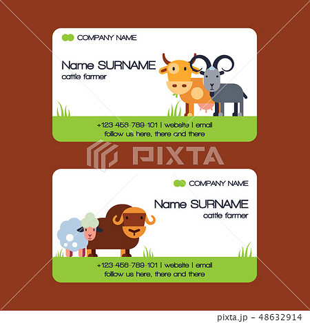 Farm animals vector business-card set domestic farming characters cow sheep goat cattle farmer 48632914