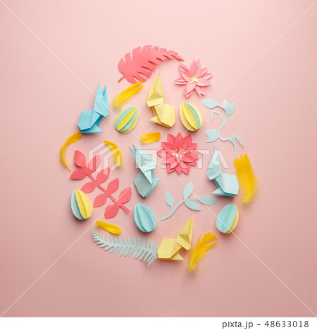 Easter egg shape made of various Easter origami Easter egg shape made of various Easter origami 48633018