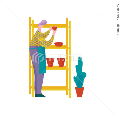 Male Ceramists Working at Pottery Workshop, Man Placing Crockery on Shelves, Craft Hobby or 48633675