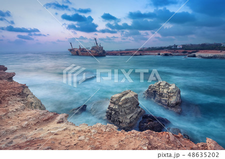 Rocks in sea with abandoned ship, Paphos, Cyprus 48635202