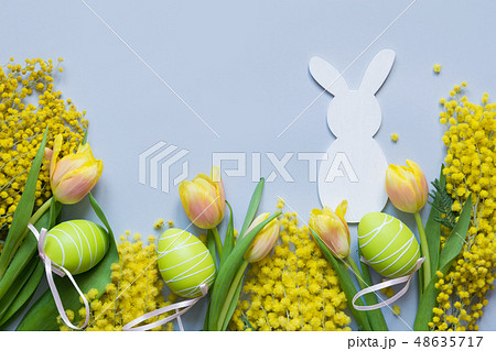 Easter frame of yellow tulips, mimosa on blue. Easter frame of yellow tulips, mimosa on blue. 48635717