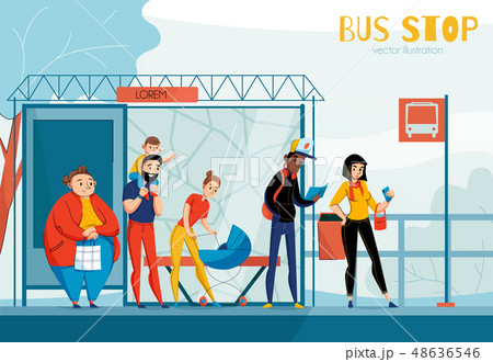 Queue People Bus Station Compositionのイラスト素材