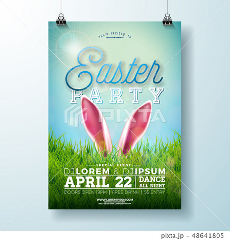 Vector Easter Party Flyer Illustration with rabbit ears and green grass on blue sky background 48641805