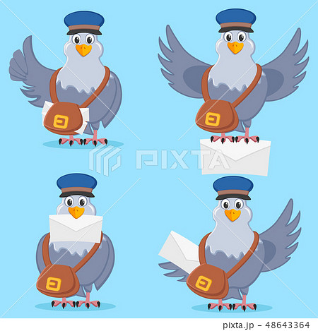 Set of carrier pigeon with bag and letter in 48643364