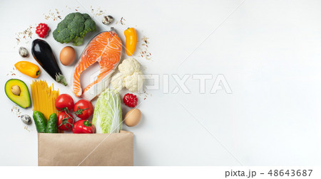 Supermarket. Paper bag full of healthy food. 48643687