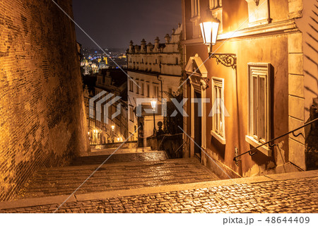 New Castle Stairs at Prague Castle by night, Lesser Town Quarter, Prague, Czech Republic New Castle Stairs at Prague Castle by night, Lesser Town Quarter, Prague, Czech Republic 48644409