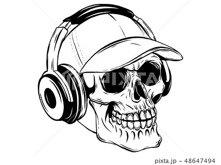Skull With Headphones Listening To Music Drawingのイラスト素材