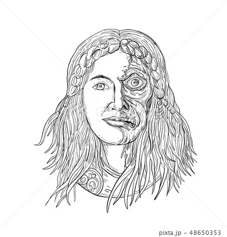Norse Goddess Hel Face Front Drawing Black and 48650353