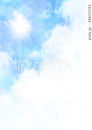 水彩絵の具で描いた夏の青空と雲と太陽のイラスト素材