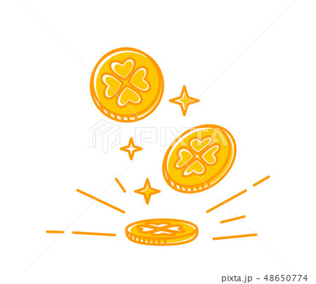 Four-leaf clover gold coins fall to the ground 48650774