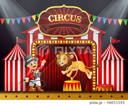 Cartoon lion jumping through ring on the stage Cartoon lion jumping through ring on the stage 48651595