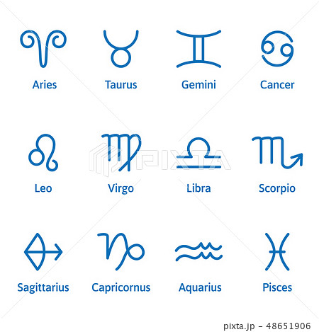 12 Zodiac sign with caption. Outline style. Set of simple icons. Blue on white background vector 12 Zodiac sign with caption. Outline style. Set of simple icons. Blue on white background vector 48651906