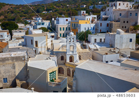 Traditional small houses and churche in Greece island 48653603