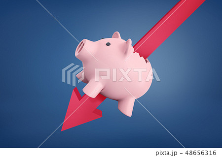 3d rendering of a pink piggy bank struck by a large red arrow completely through. 3d rendering of a pink piggy bank struck by a large red arrow completely through. 48656316