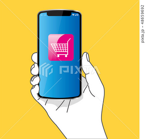 スマホを持つ右手のイラスト シンプル ショッピングカートのアイコン 黄色背景 Smartphoneのイラスト素材 48659692 Pixta