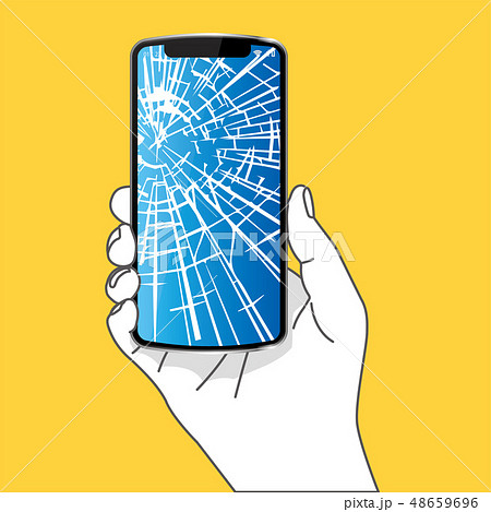 スマホを持つ右手のイラスト シンプル ひび割れた画面 黄色背景 Smartphoneのイラスト素材