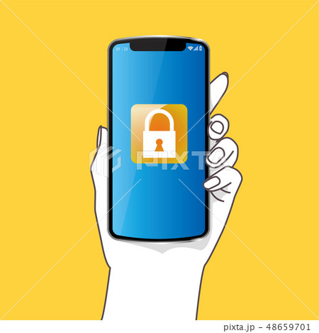 スマホを持つ左手のイラスト シンプル 南京錠のアイコン セキュリティ黄色背景 Smartphoneのイラスト素材