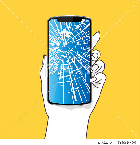 スマホを持つ左手のイラスト シンプル ヒビ割れ画面 黄色背景 Smartphoneのイラスト素材