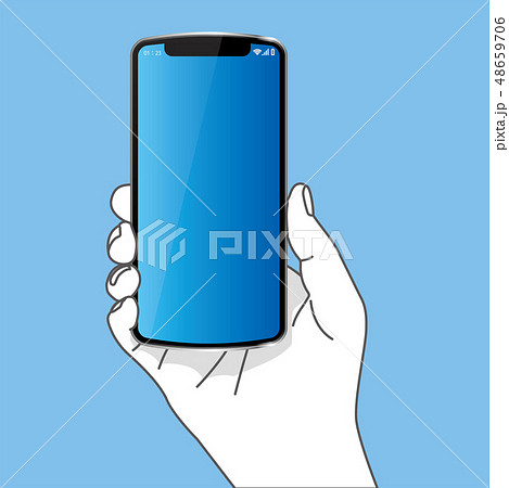 スマホを持つ右手のイラスト シンプル 青い画面 青色背景 Smartphoneのイラスト素材