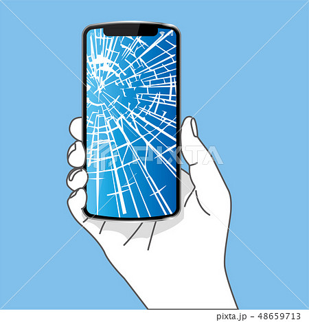 スマホを持つ右手のイラスト シンプル ひび割れた画面 青色背景 Smartphoneのイラスト素材